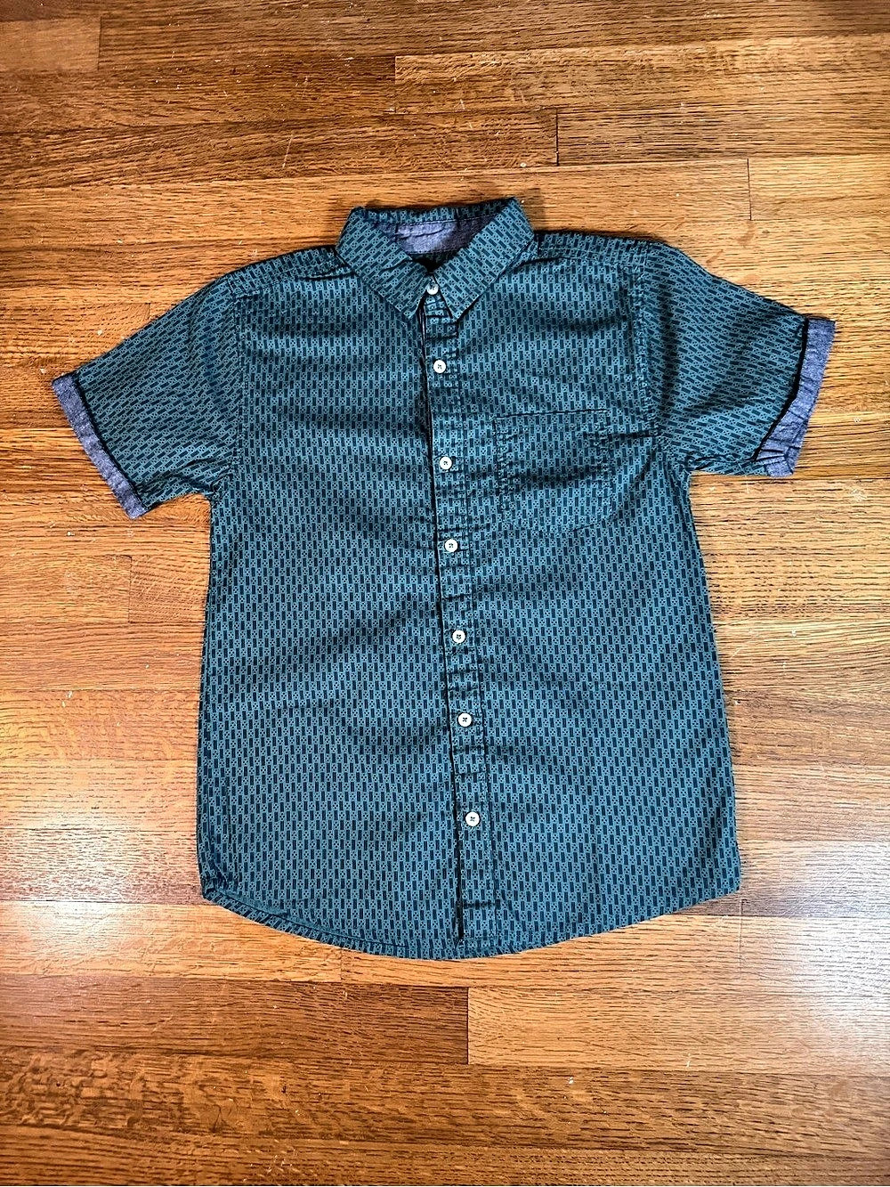 Ben Sherman Boys Teal Geometric Print Short Sleeve Button Down Shirt Size M 10/1